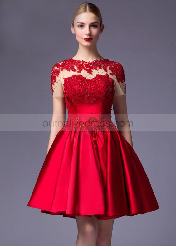 Short Sleeves Beaded Red Lace Satin Vintage Evening Dress